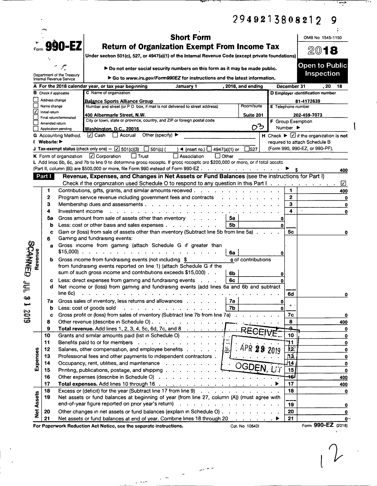 Image of first page of 2018 Form 990EZ for Balance Sports Alliance Group