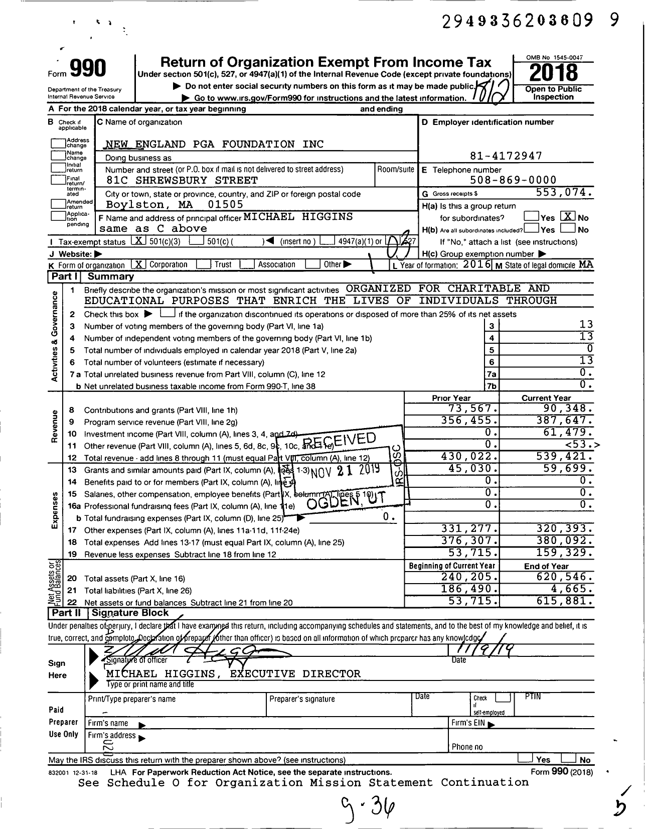 Image of first page of 2018 Form 990 for New England Pga Foundation