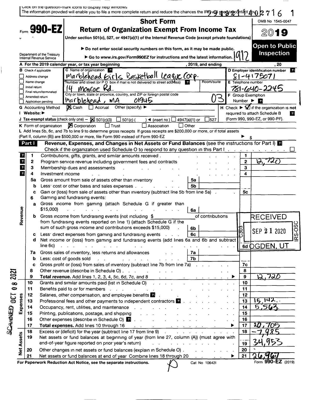 Image of first page of 2019 Form 990EZ for Marblehead Girls Basketball League