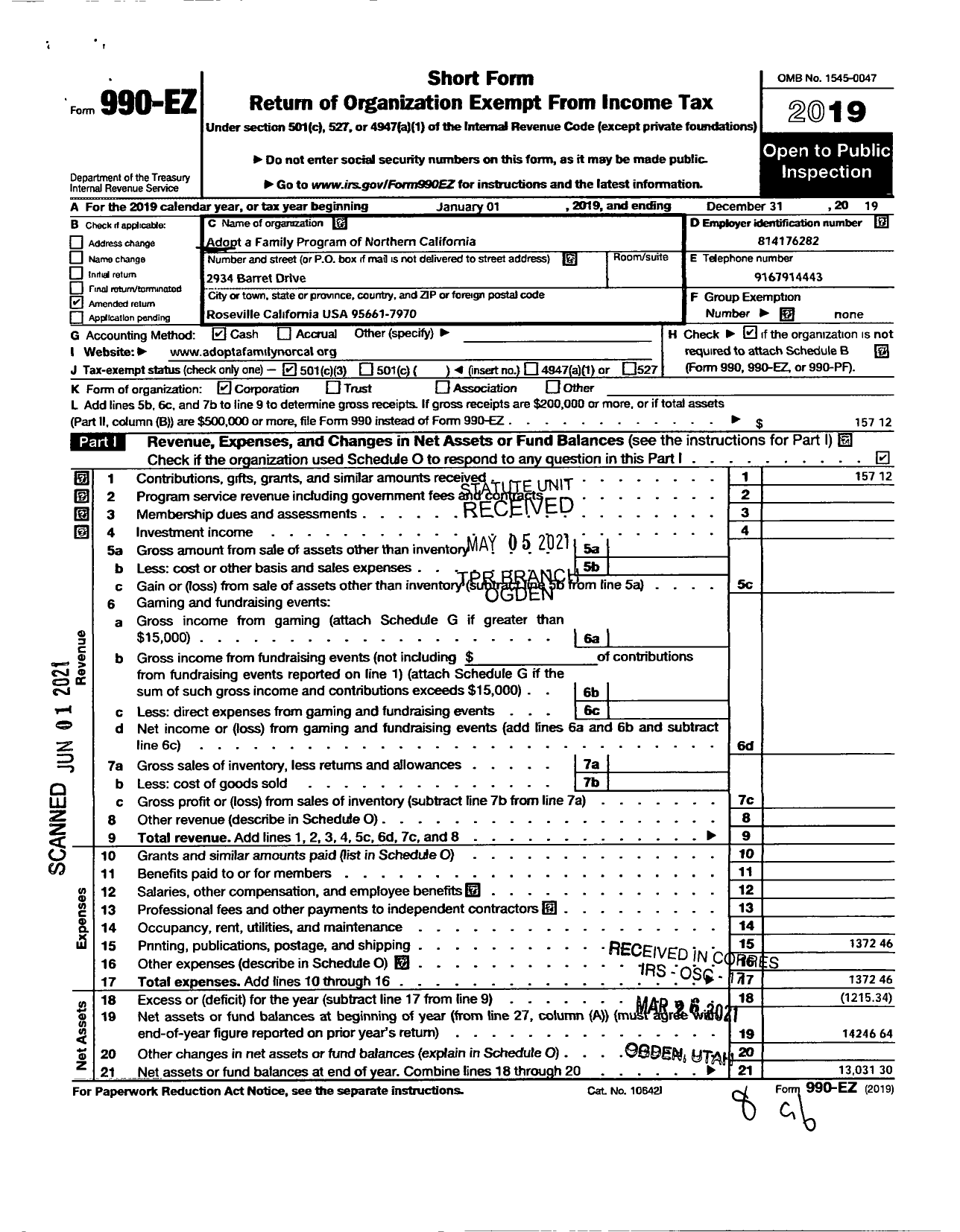 Image of first page of 2019 Form 990EA for Adopt A Family Program of Northern California