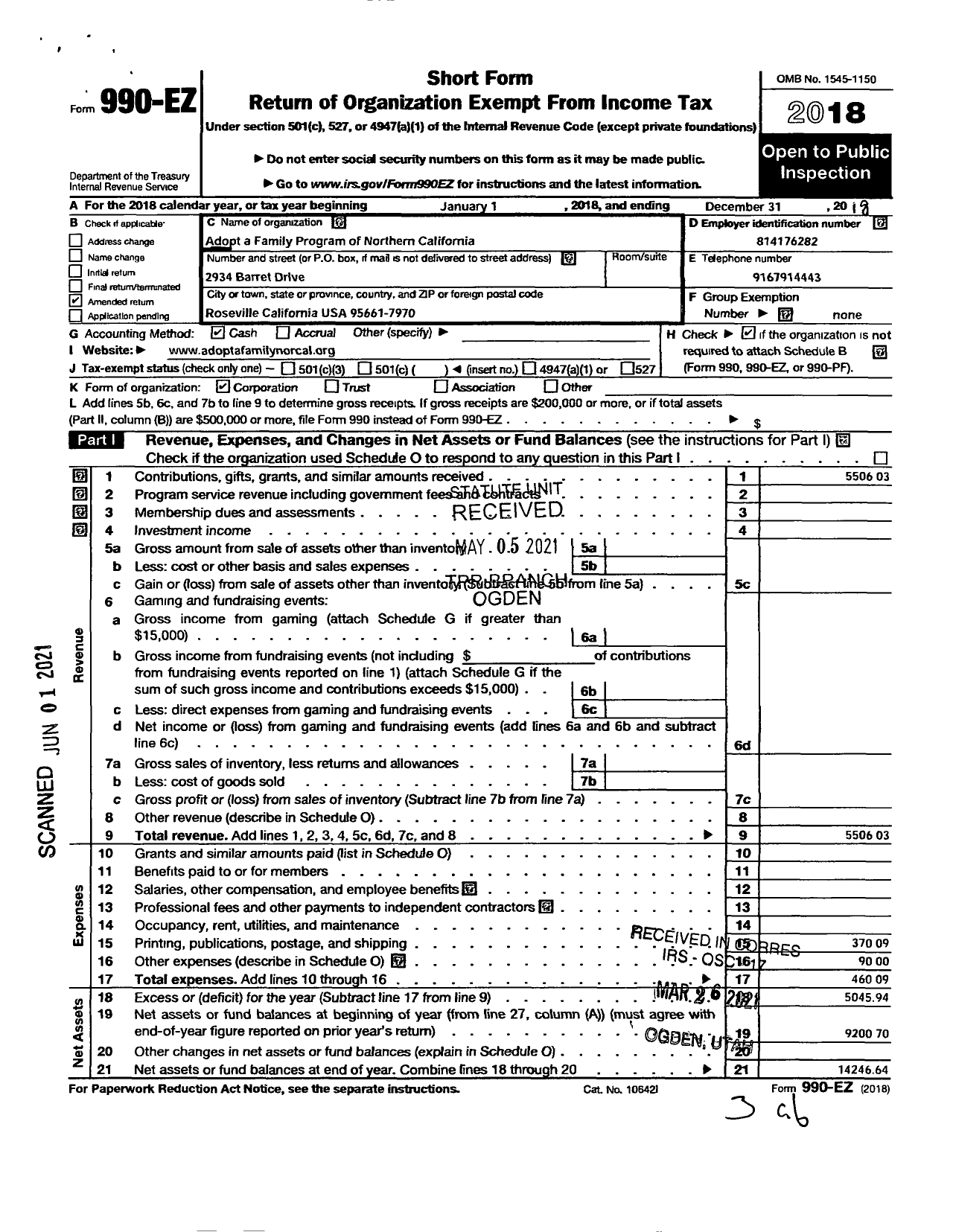 Image of first page of 2018 Form 990EOA for Adopt A Family Program of Northern California