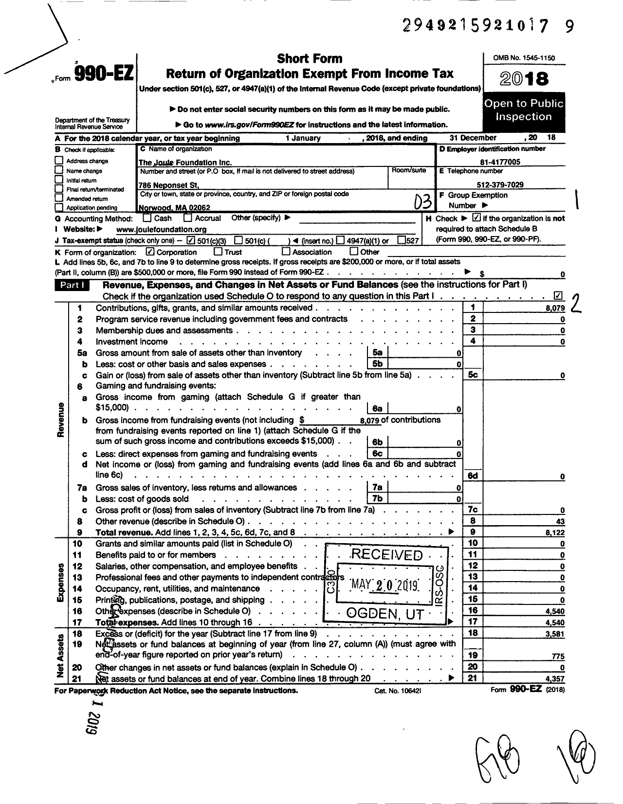 Image of first page of 2018 Form 990EZ for Joule Foundation