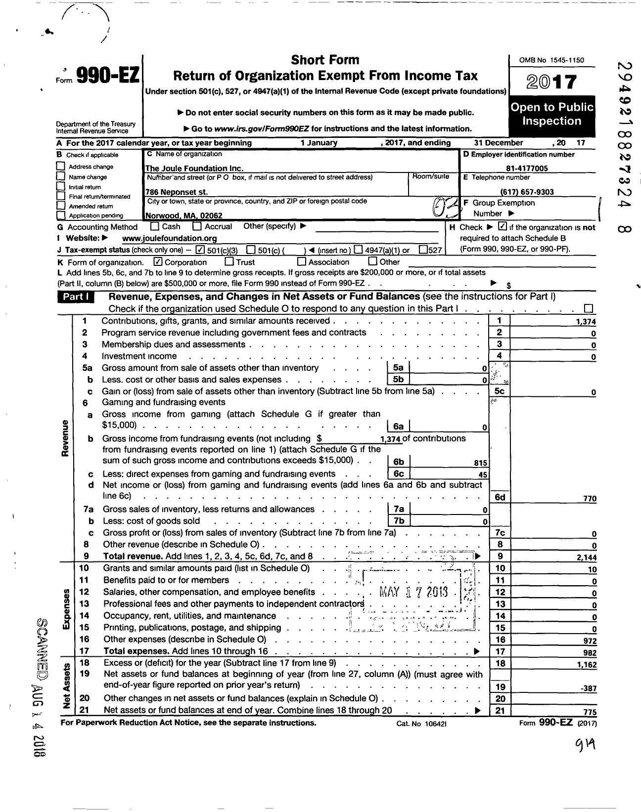 Image of first page of 2017 Form 990EZ for Joule Foundation