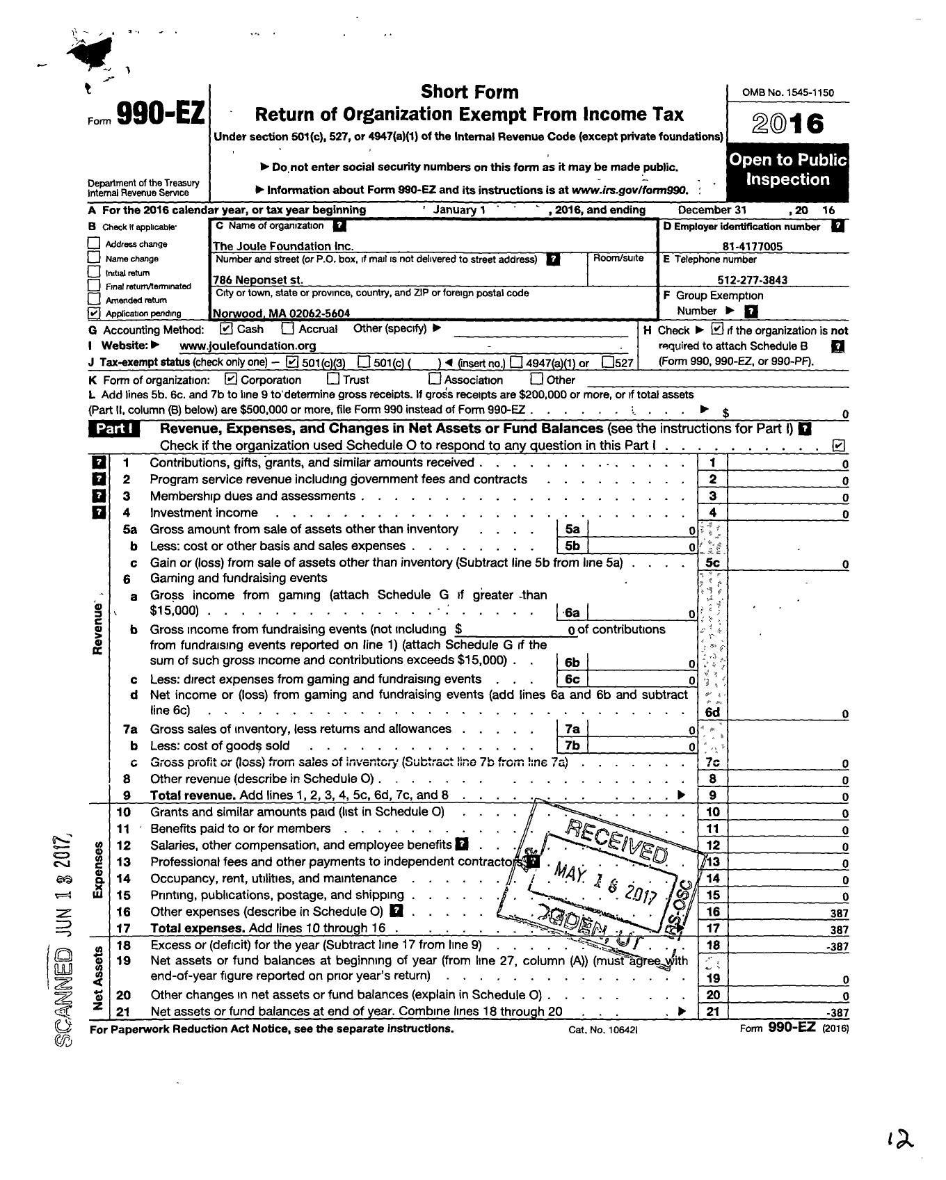 Image of first page of 2016 Form 990EZ for Joule Foundation