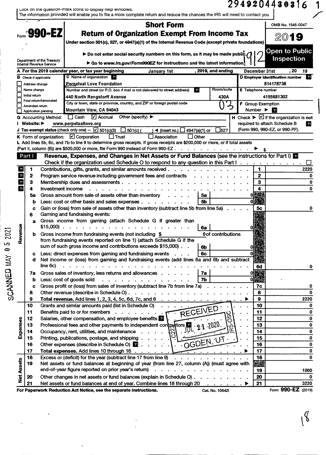 Image of first page of 2019 Form 990EZ for Perpetual Love Foundation