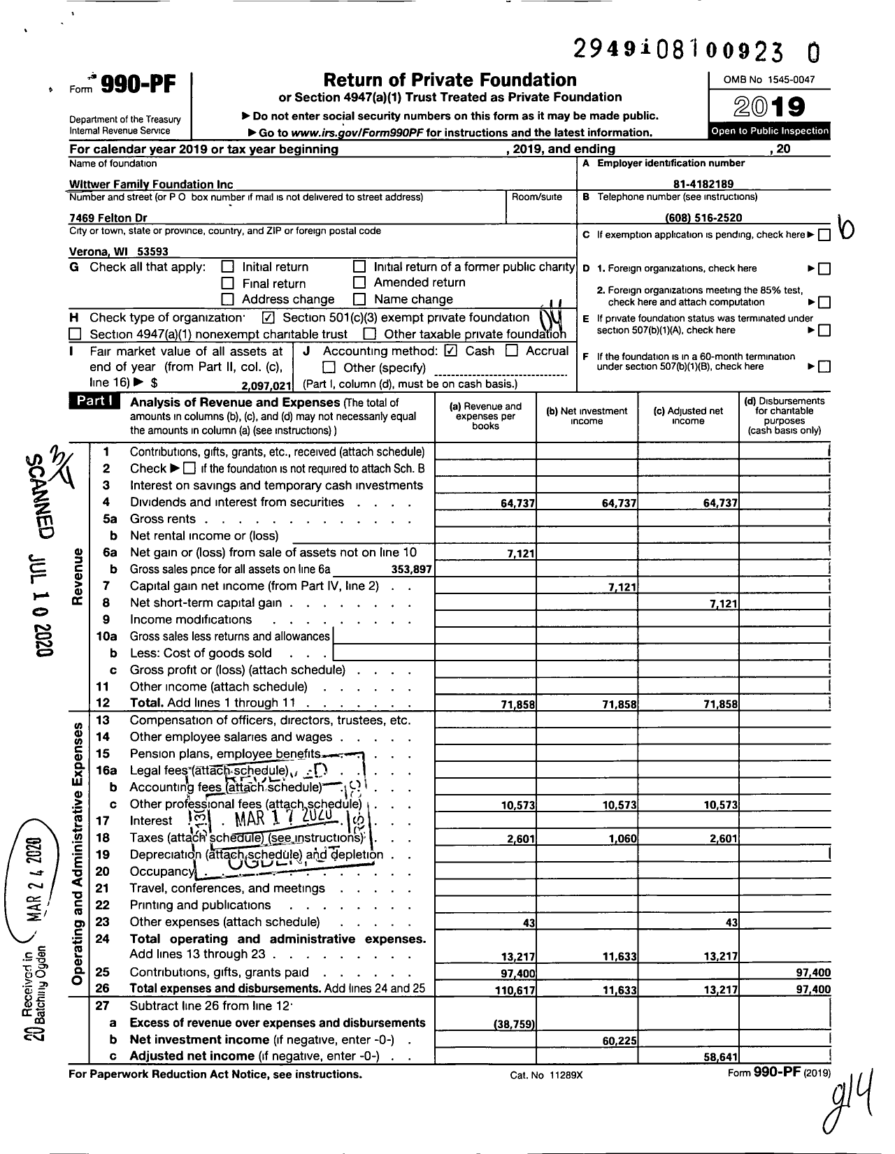 Image of first page of 2019 Form 990PR for Wittwer Family Foundation