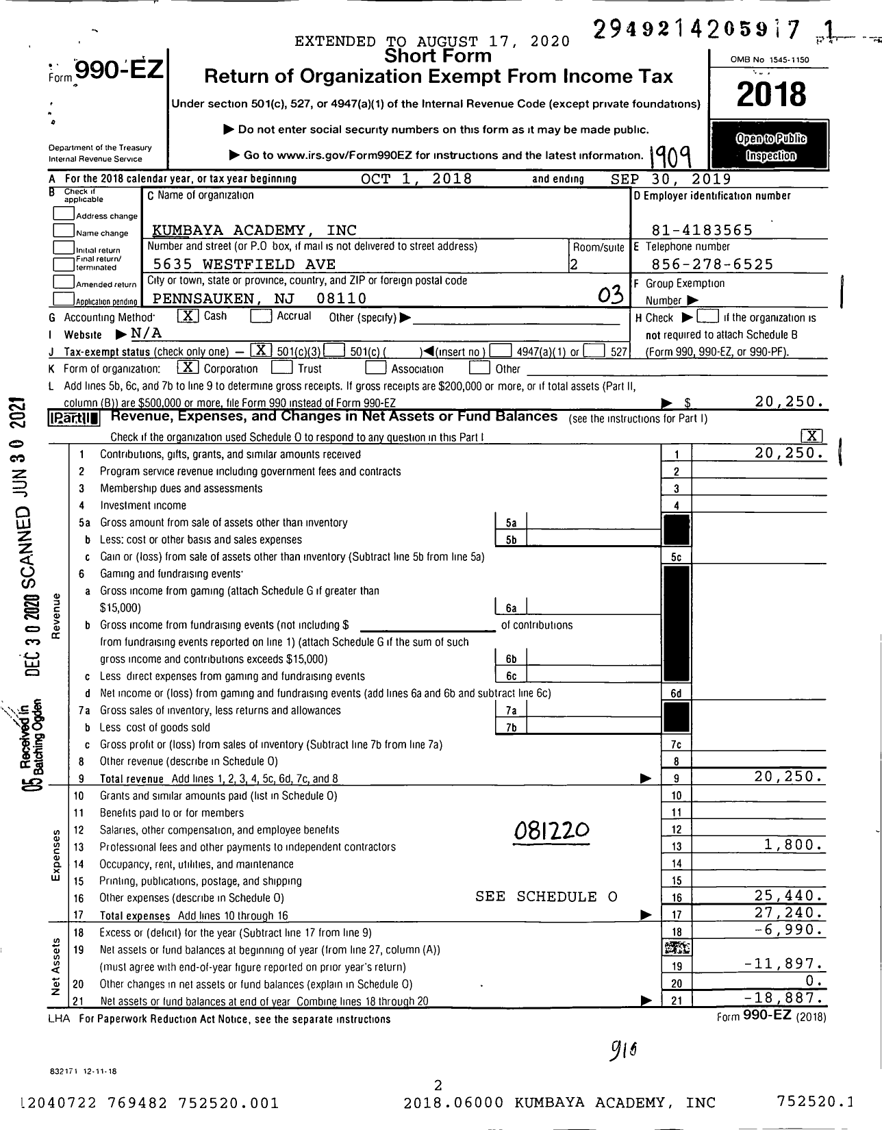 Image of first page of 2018 Form 990EZ for Kumbaya Academy