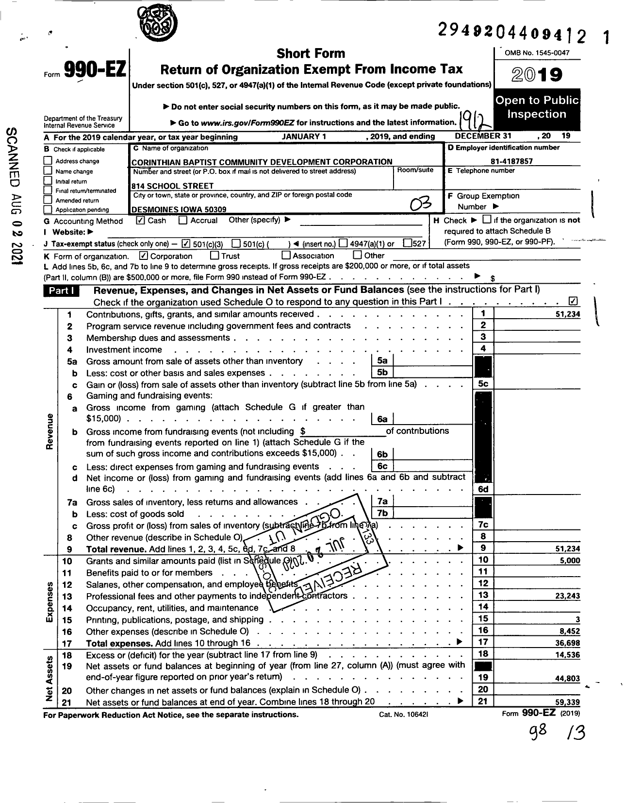 Image of first page of 2019 Form 990EZ for Corinthian Baptist Community Development Corporation