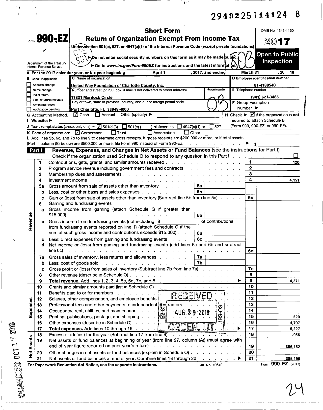 Image of first page of 2017 Form 990EZ for United Way Foundation of Charlotte County