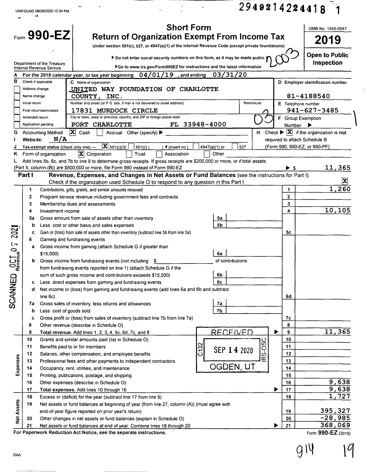 Image of first page of 2019 Form 990EZ for United Way Foundation of Charlotte County