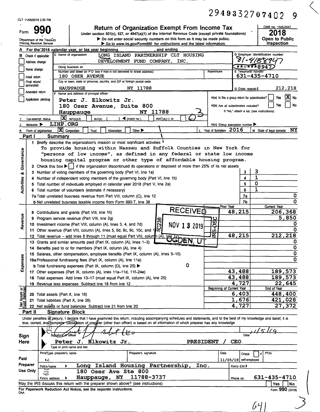 Image of first page of 2018 Form 990 for Long Island Partnership CLT Housing Development Fund Company