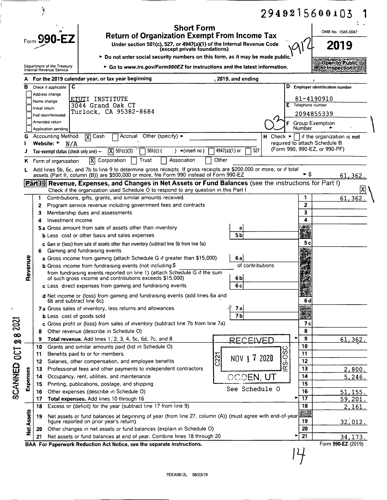 Image of first page of 2019 Form 990EZ for Etuti Institute