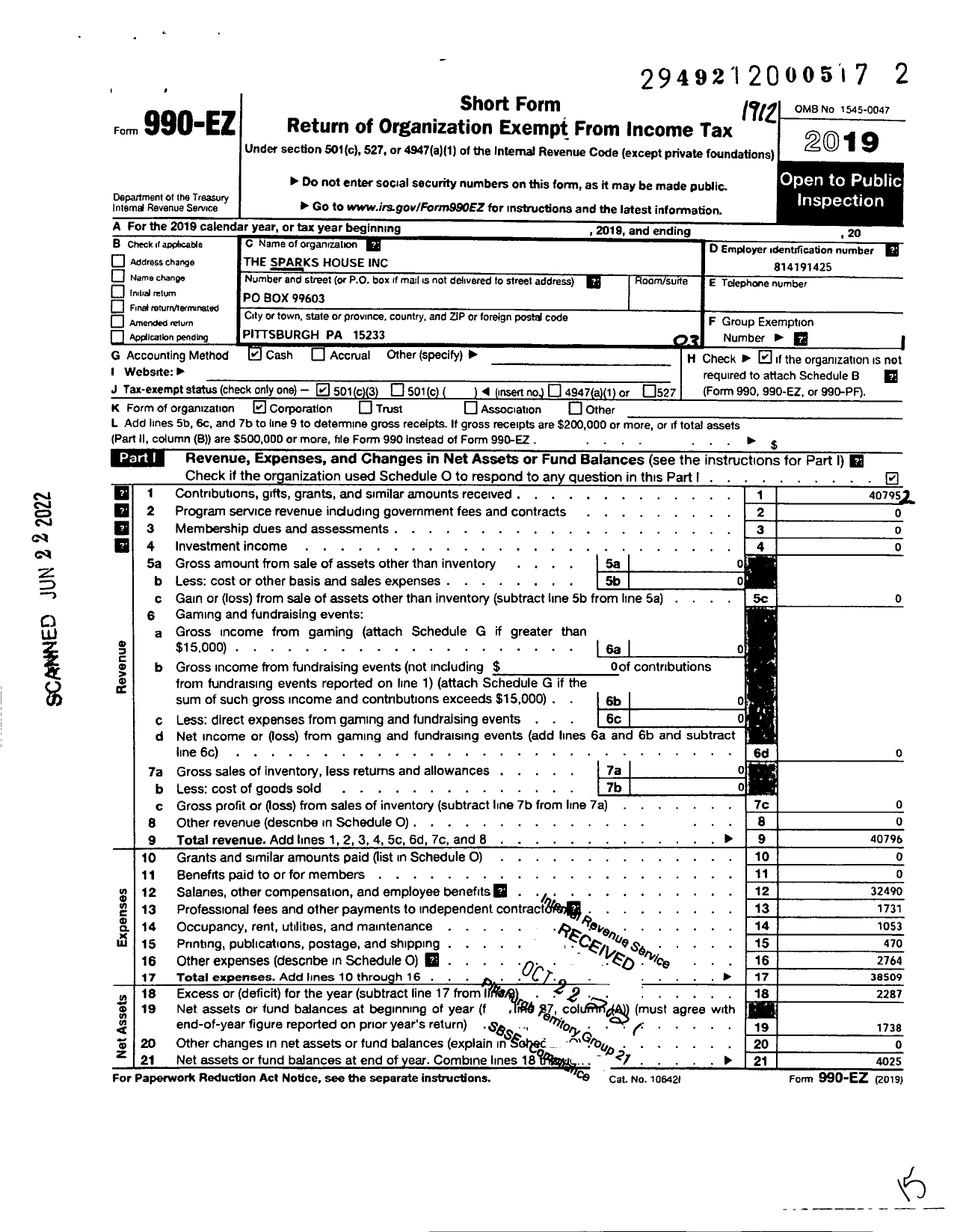 Image of first page of 2019 Form 990EZ for Sparks House