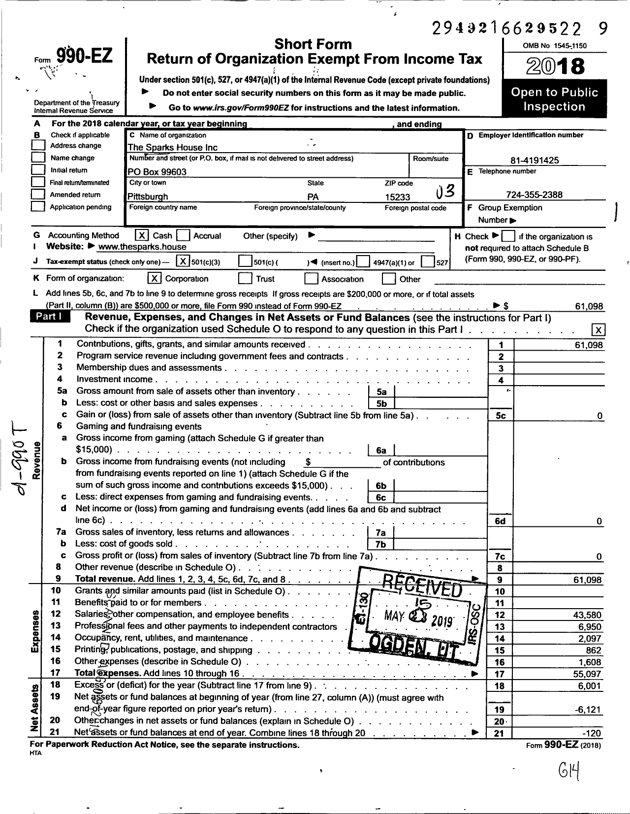 Image of first page of 2018 Form 990EZ for Sparks House