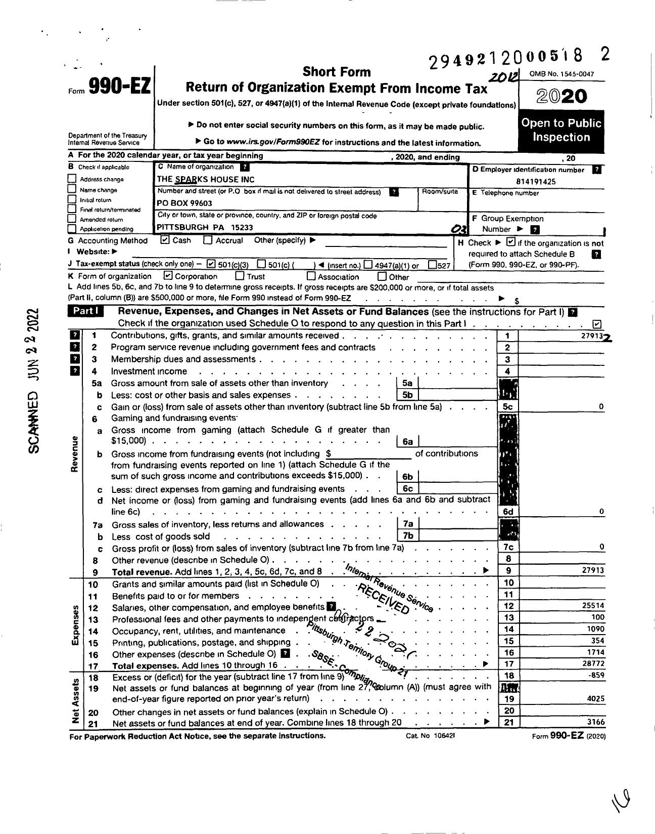 Image of first page of 2020 Form 990EZ for Sparks House