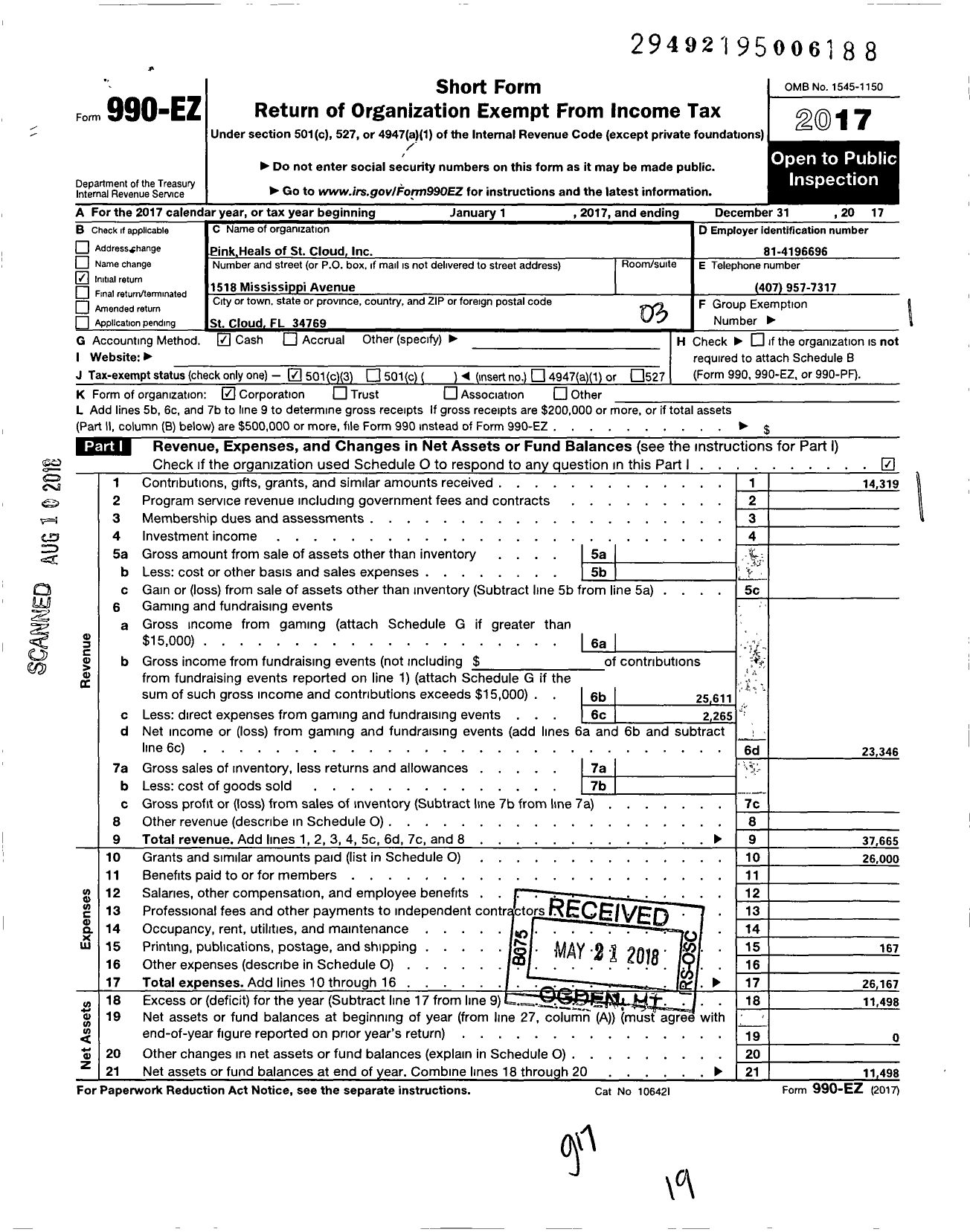 Image of first page of 2017 Form 990EZ for Pink Heals of St Cloud