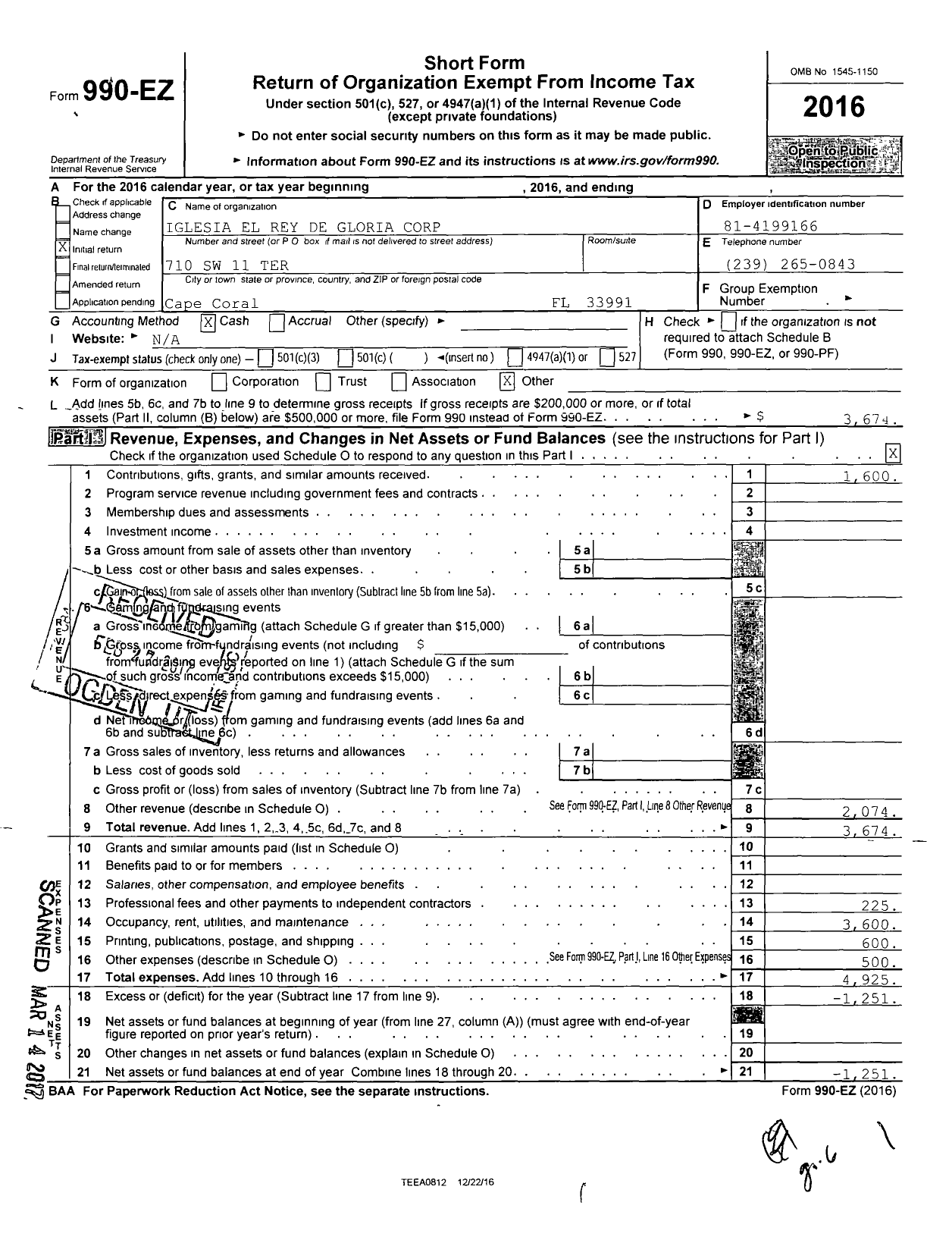 Image of first page of 2016 Form 990EO for Iglesia El Rey de Gloria Corporation