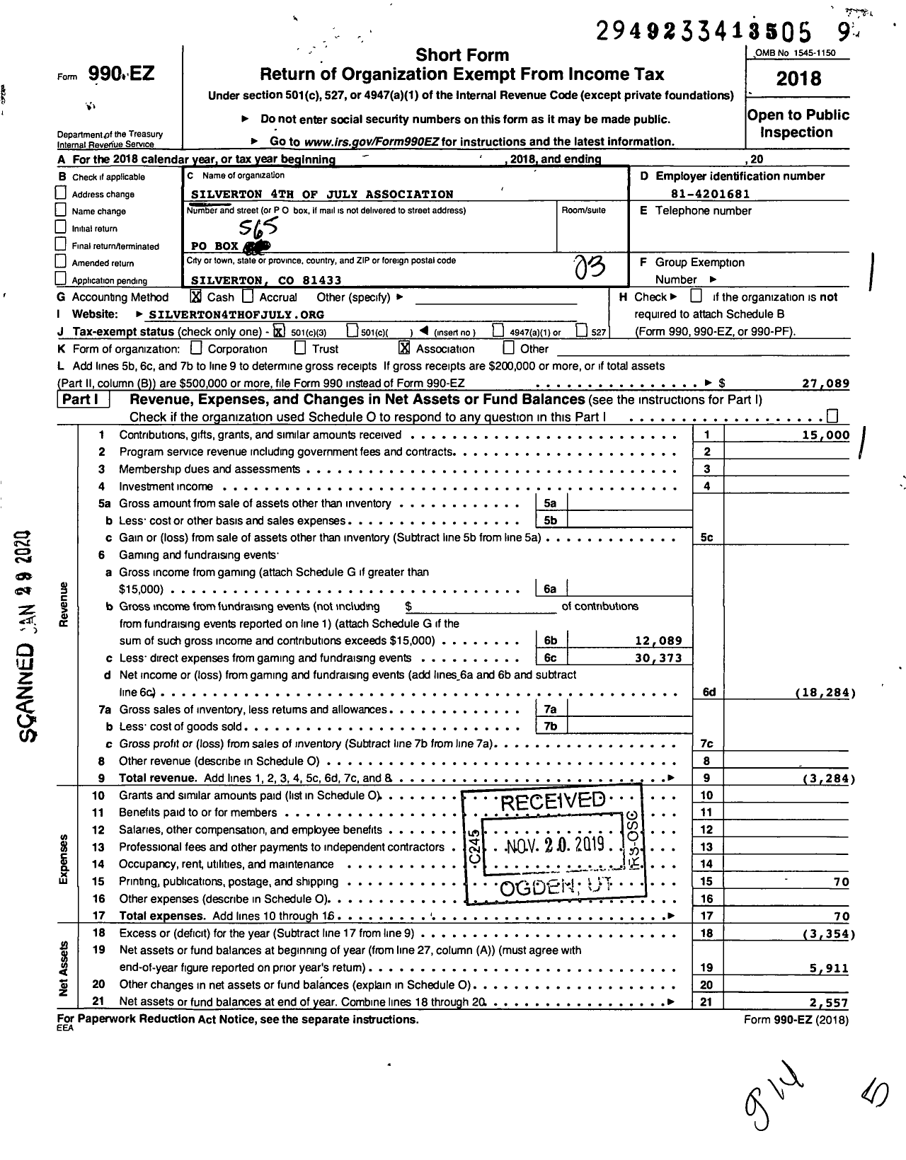 Image of first page of 2018 Form 990EZ for Silverton 4th of July Association