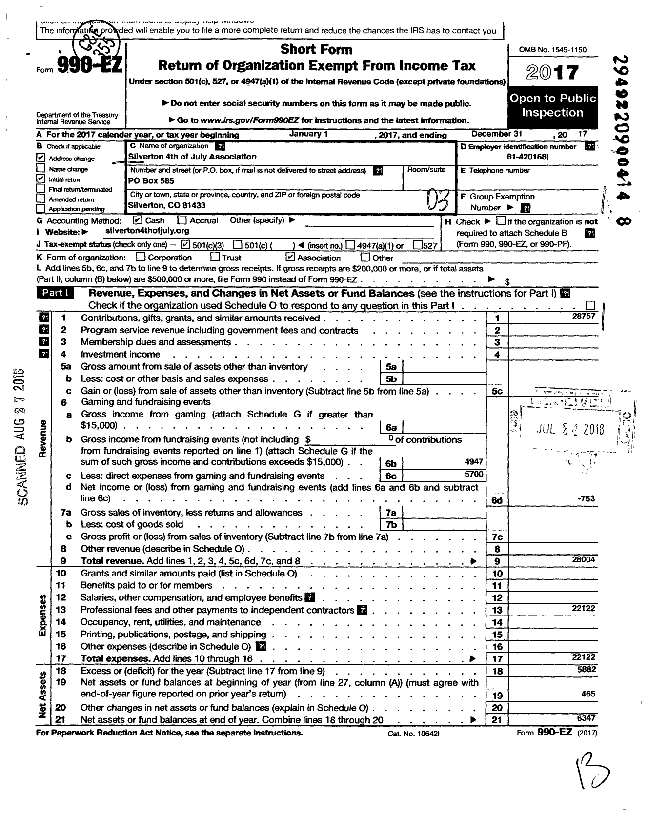 Image of first page of 2017 Form 990EZ for Silverton 4th of July Association