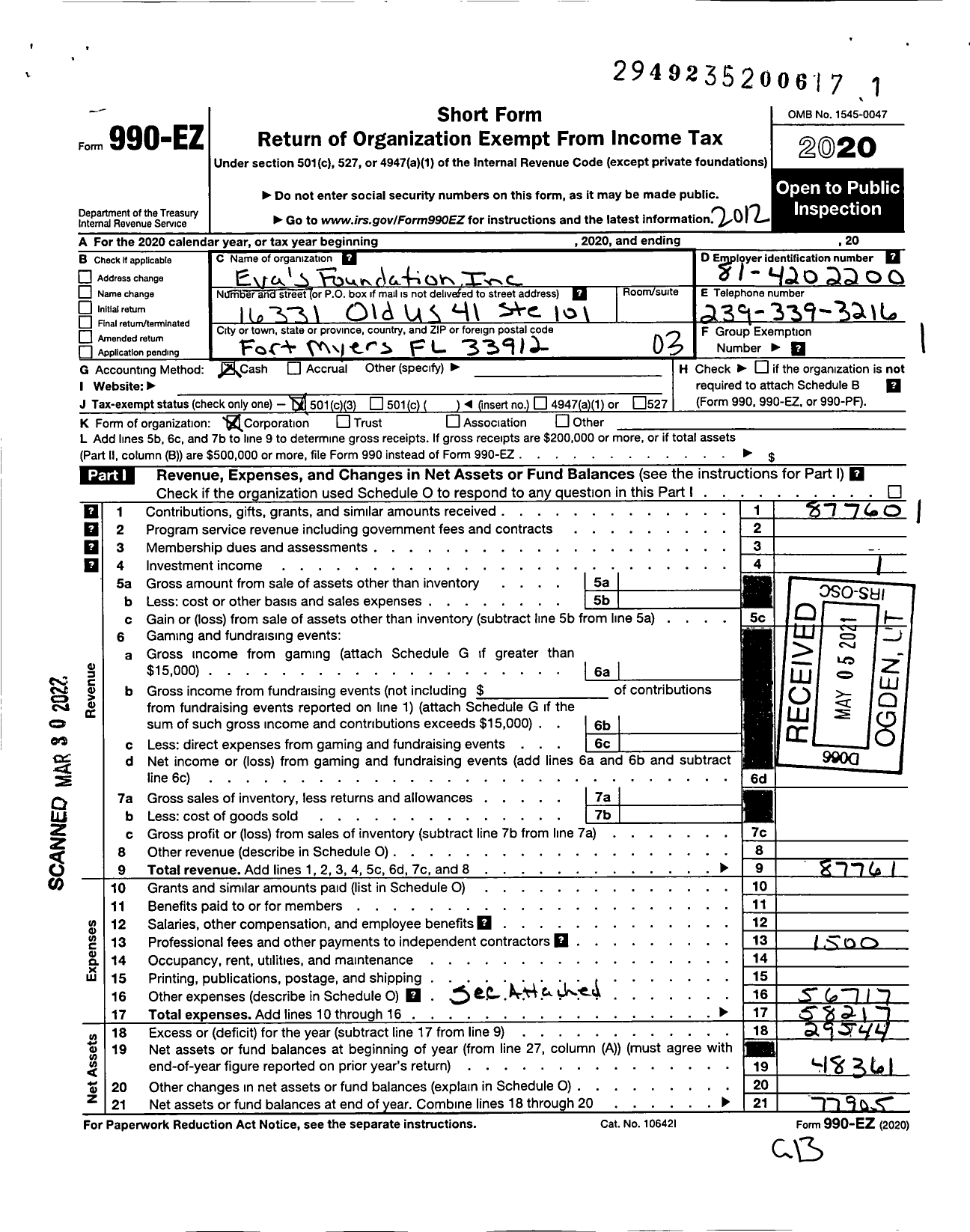 Image of first page of 2020 Form 990EZ for Evas Foundation