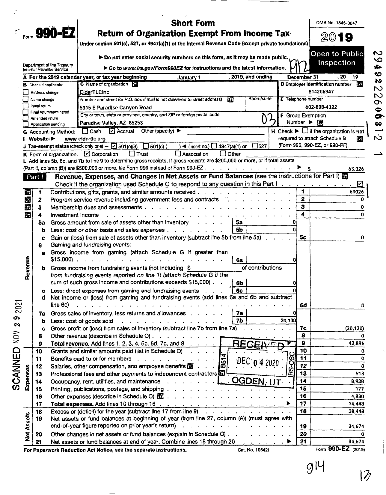 Image of first page of 2019 Form 990EZ for ElderTLC