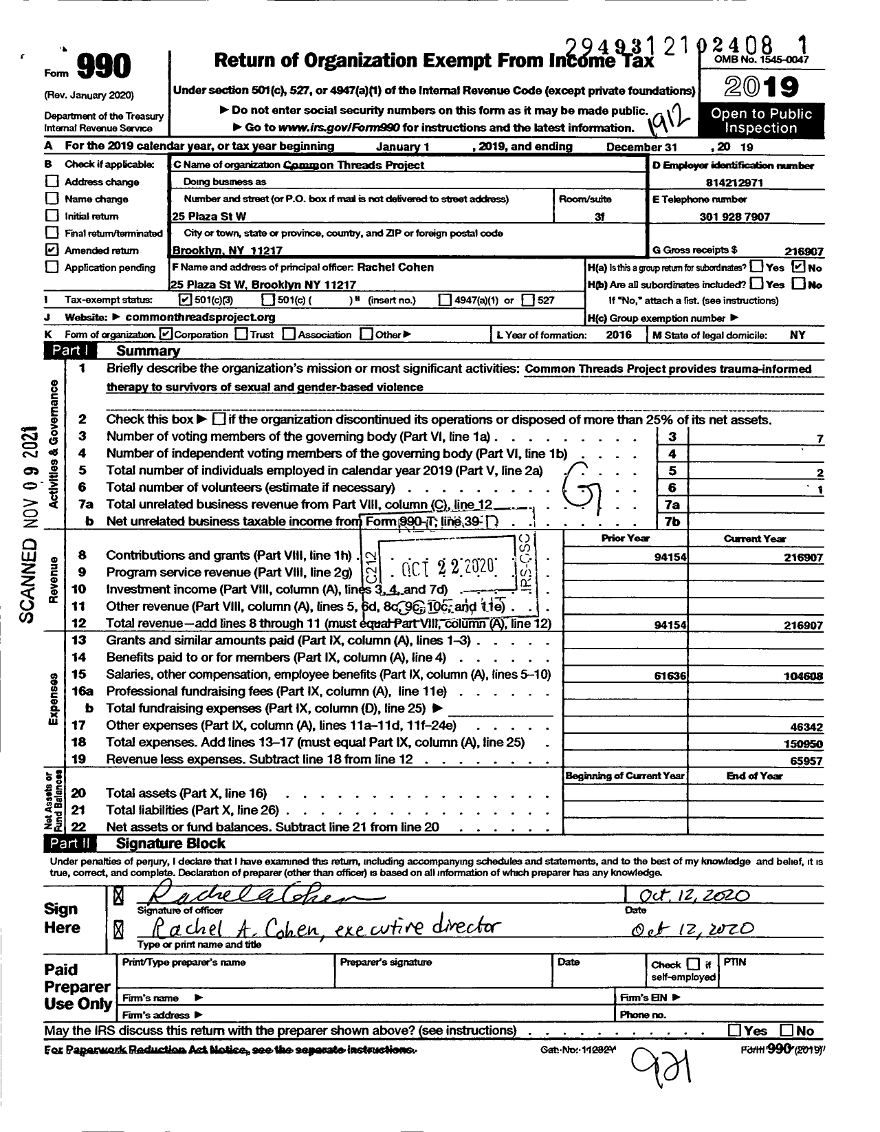 Image of first page of 2019 Form 990 for Common Threads Project