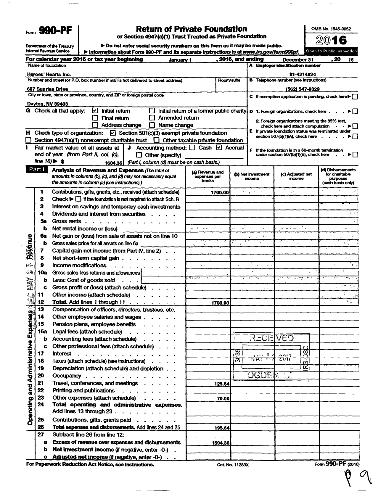 Image of first page of 2016 Form 990PF for Heroes Hearts