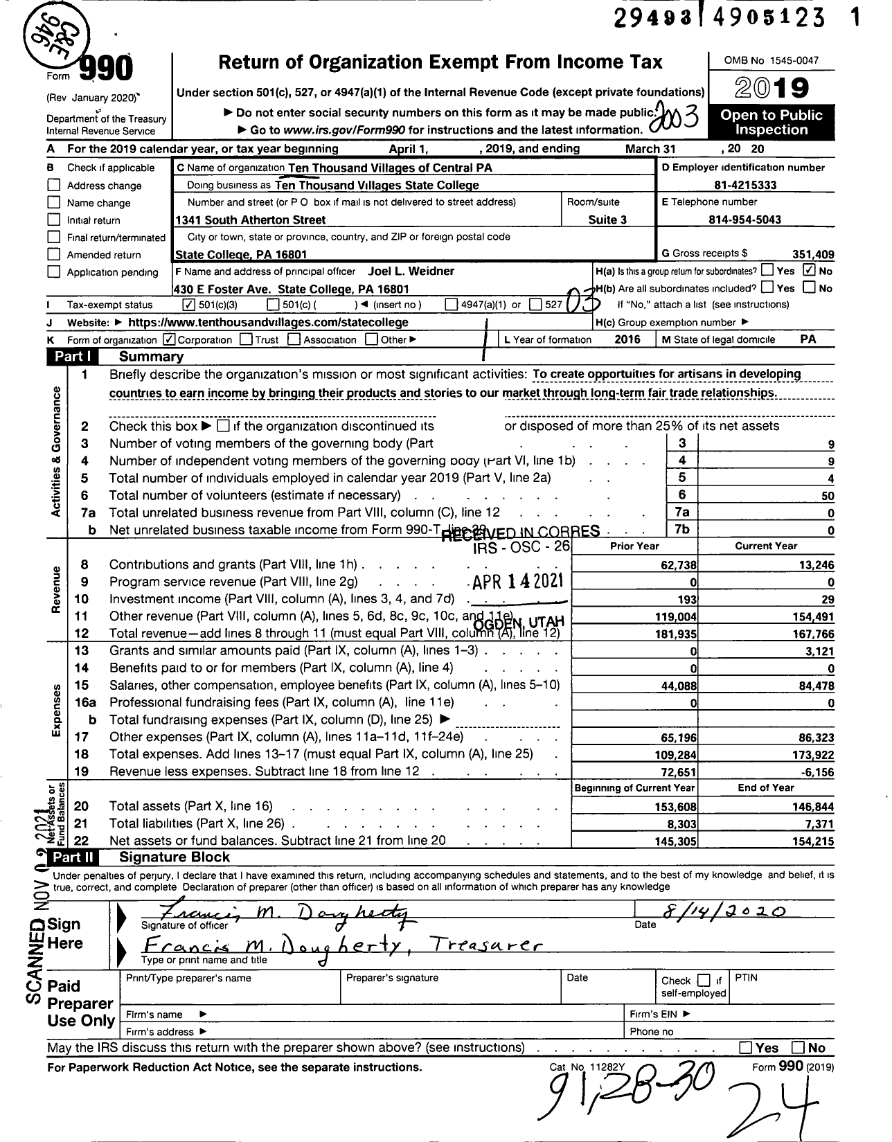 Image of first page of 2019 Form 990 for Ten Thousand Villages State College