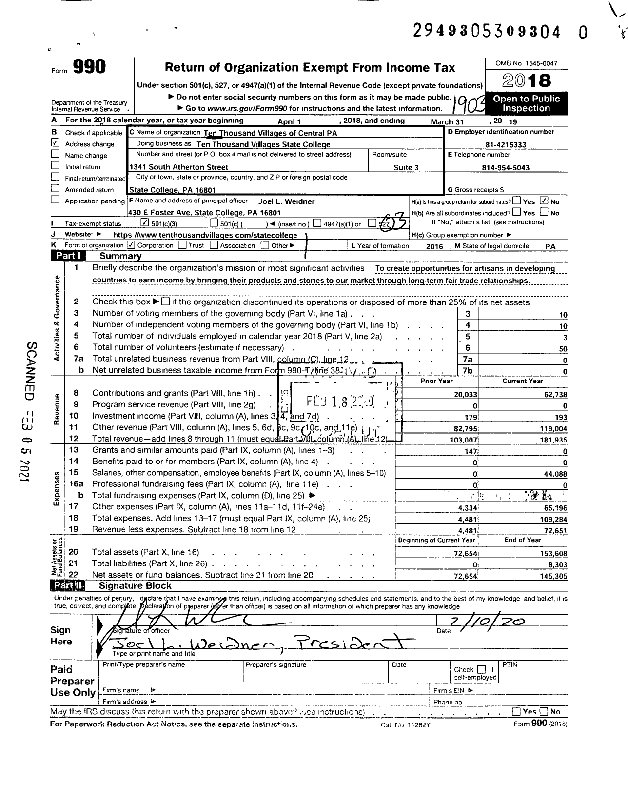 Image of first page of 2018 Form 990 for Ten Thousand Villages State College