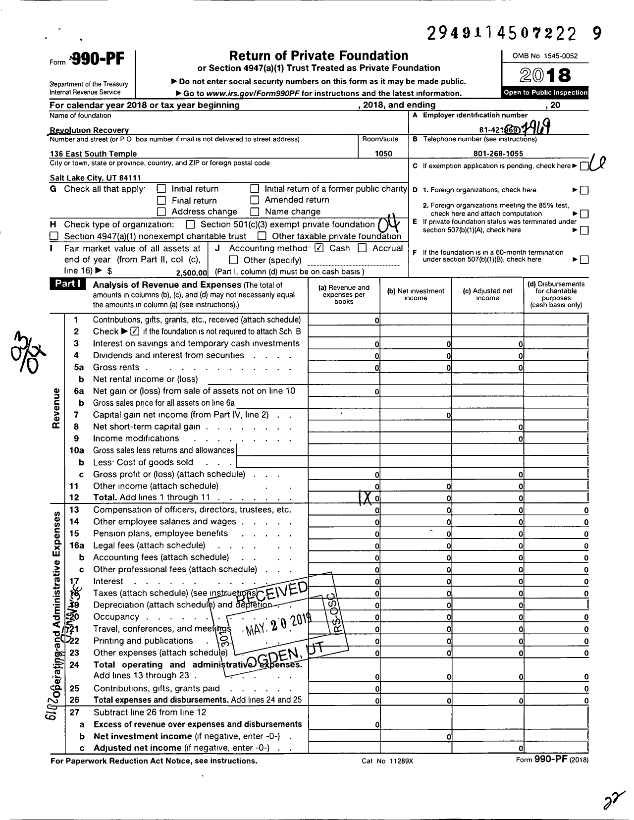 Image of first page of 2018 Form 990PF for Revolution Recovery