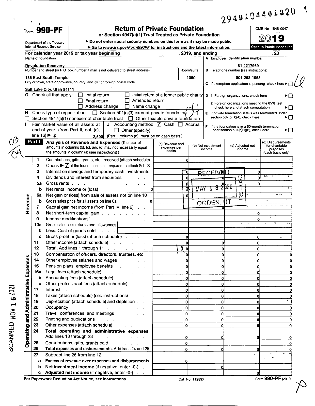 Image of first page of 2019 Form 990PF for Revolution Recovery