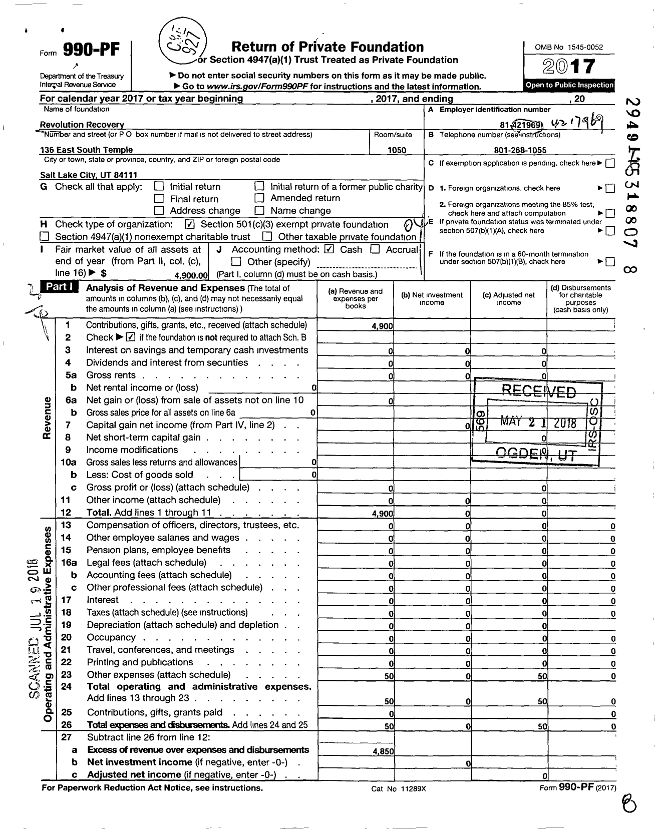 Image of first page of 2017 Form 990PF for Revolution Recovery