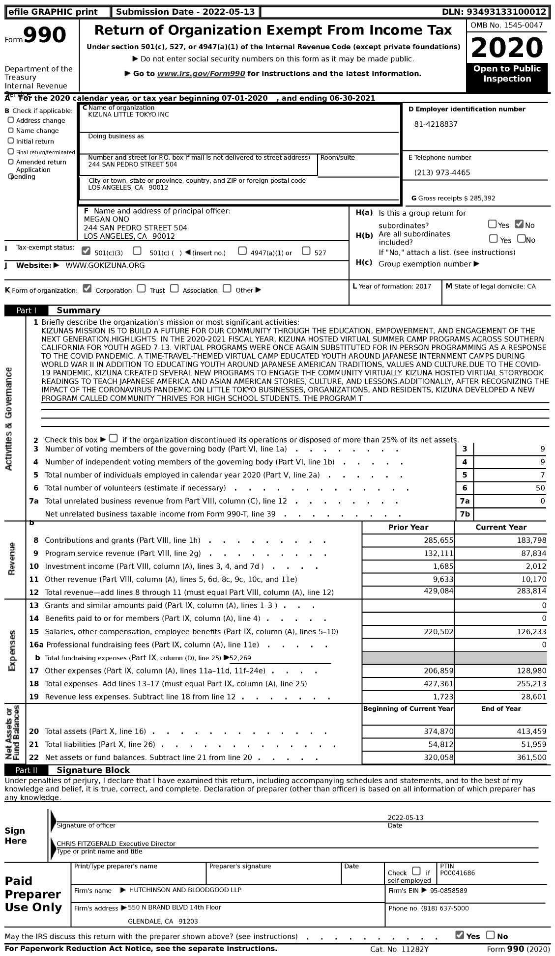 Image of first page of 2020 Form 990 for Kizuna Little Tokyo