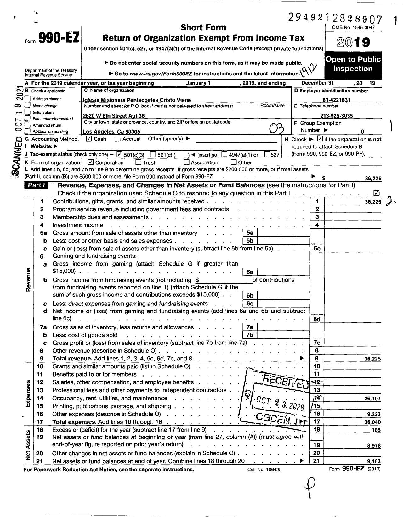 Image of first page of 2019 Form 990EZ for Iglesia Misionera Pentecostes Cristo Viene