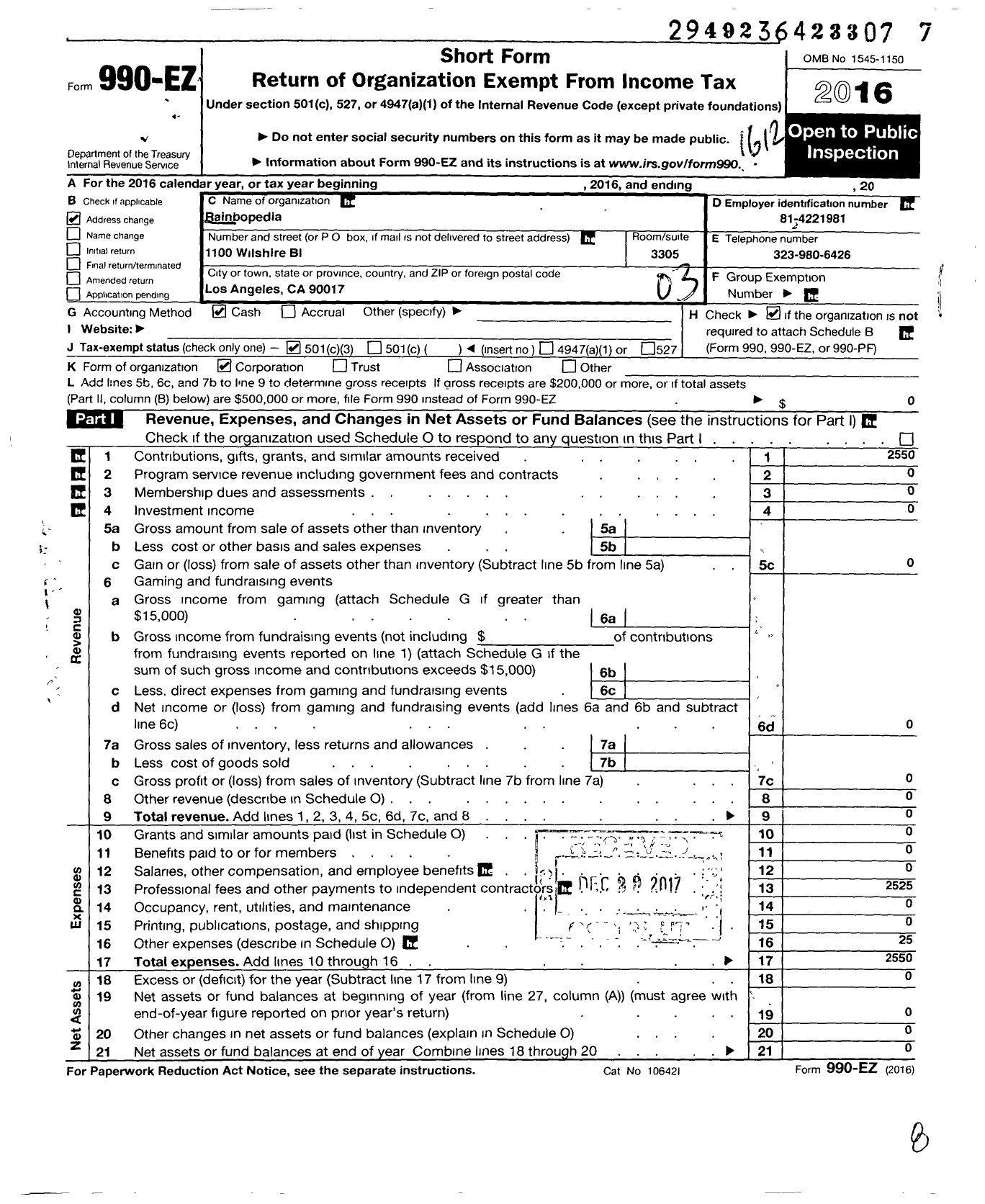 Image of first page of 2016 Form 990EZ for Rainbopedia