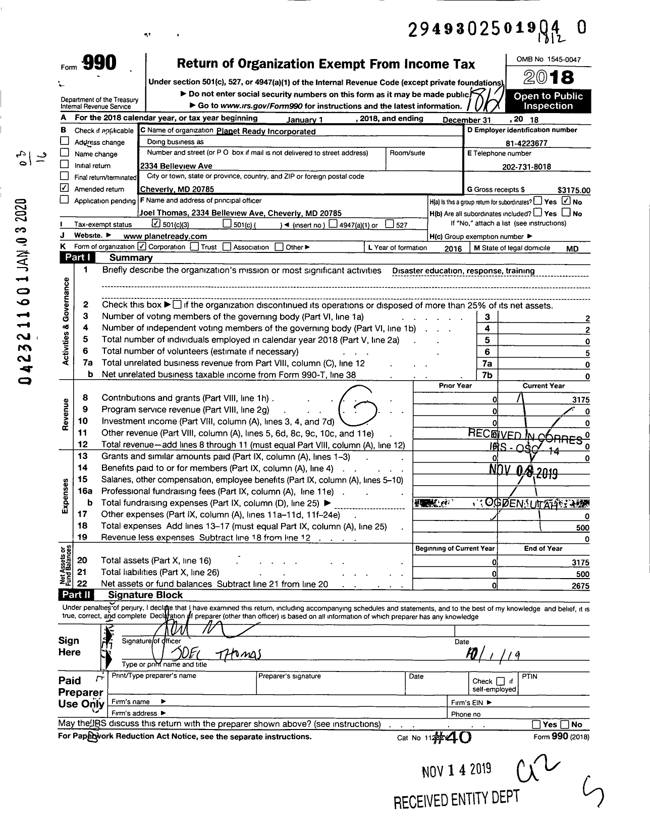 Image of first page of 2018 Form 990 for Planet Ready Incorporated