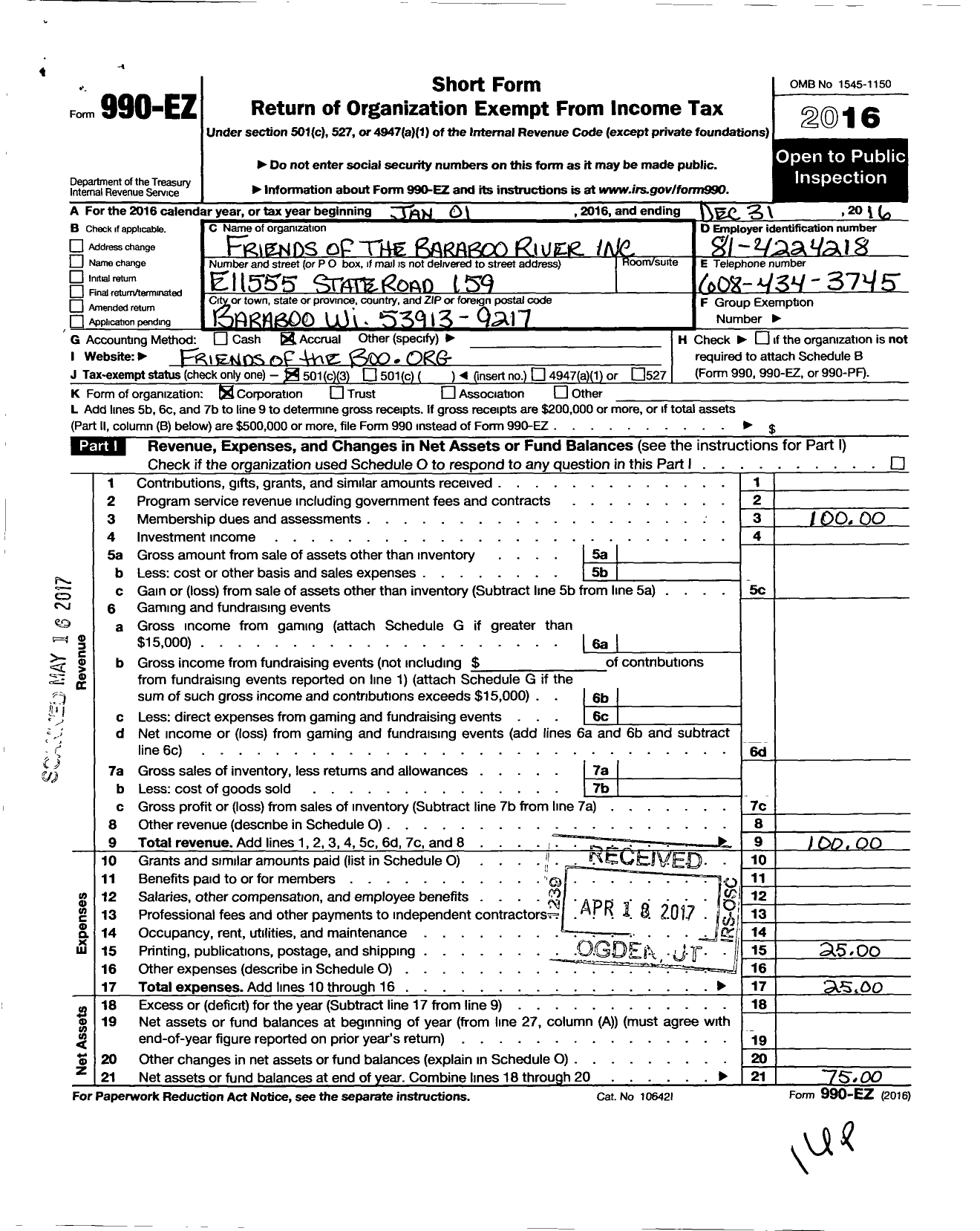 Image of first page of 2016 Form 990EZ for Friends of the Baraboo River