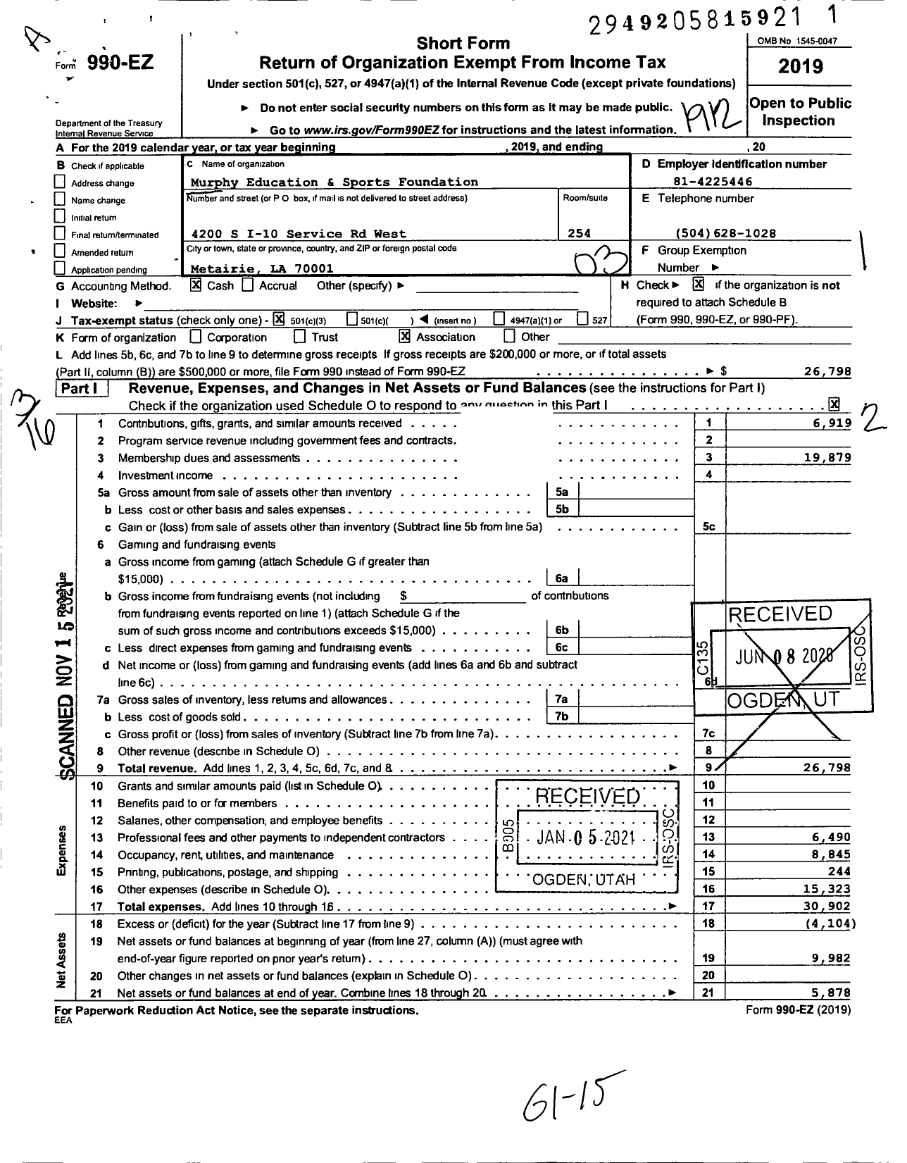 Image of first page of 2019 Form 990EZ for Murphy Education & Sports Foundation