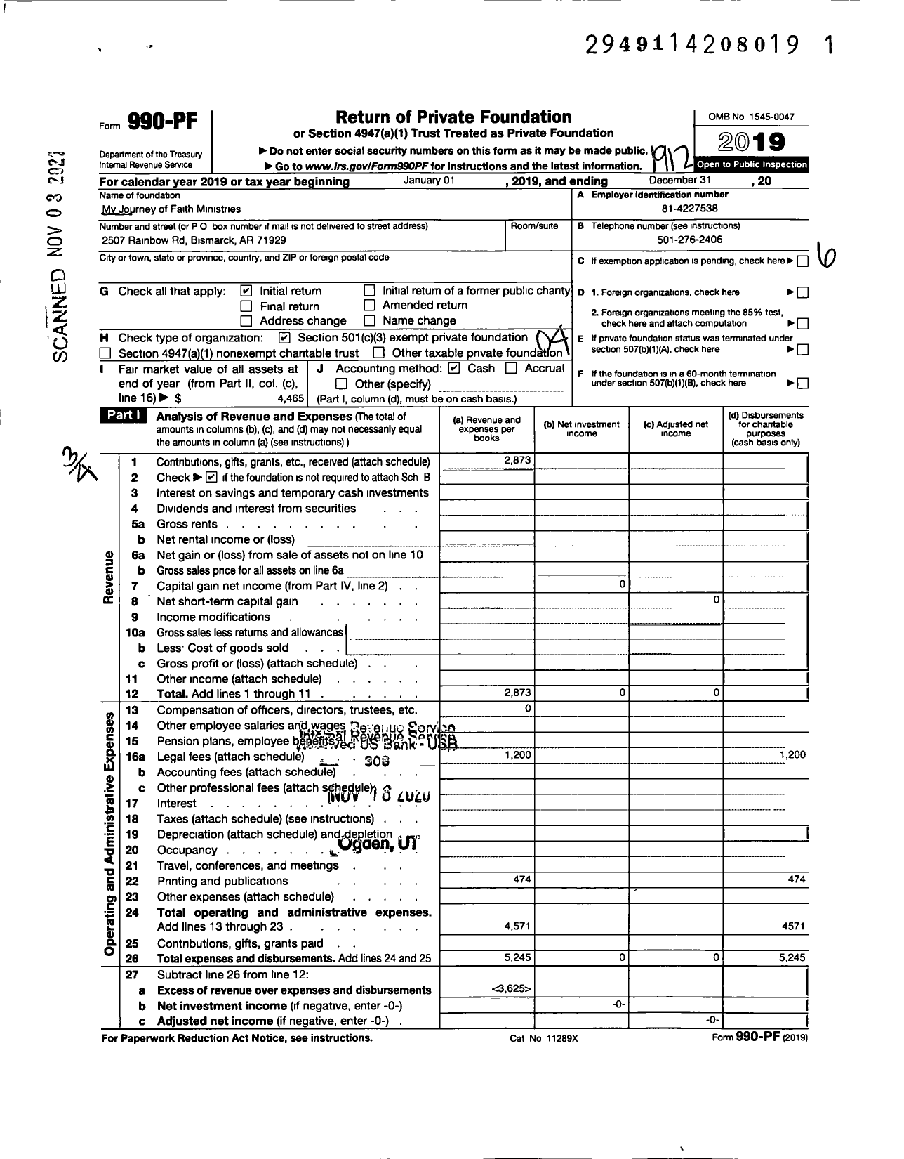 Image of first page of 2019 Form 990PF for My Journey of Faith Ministries