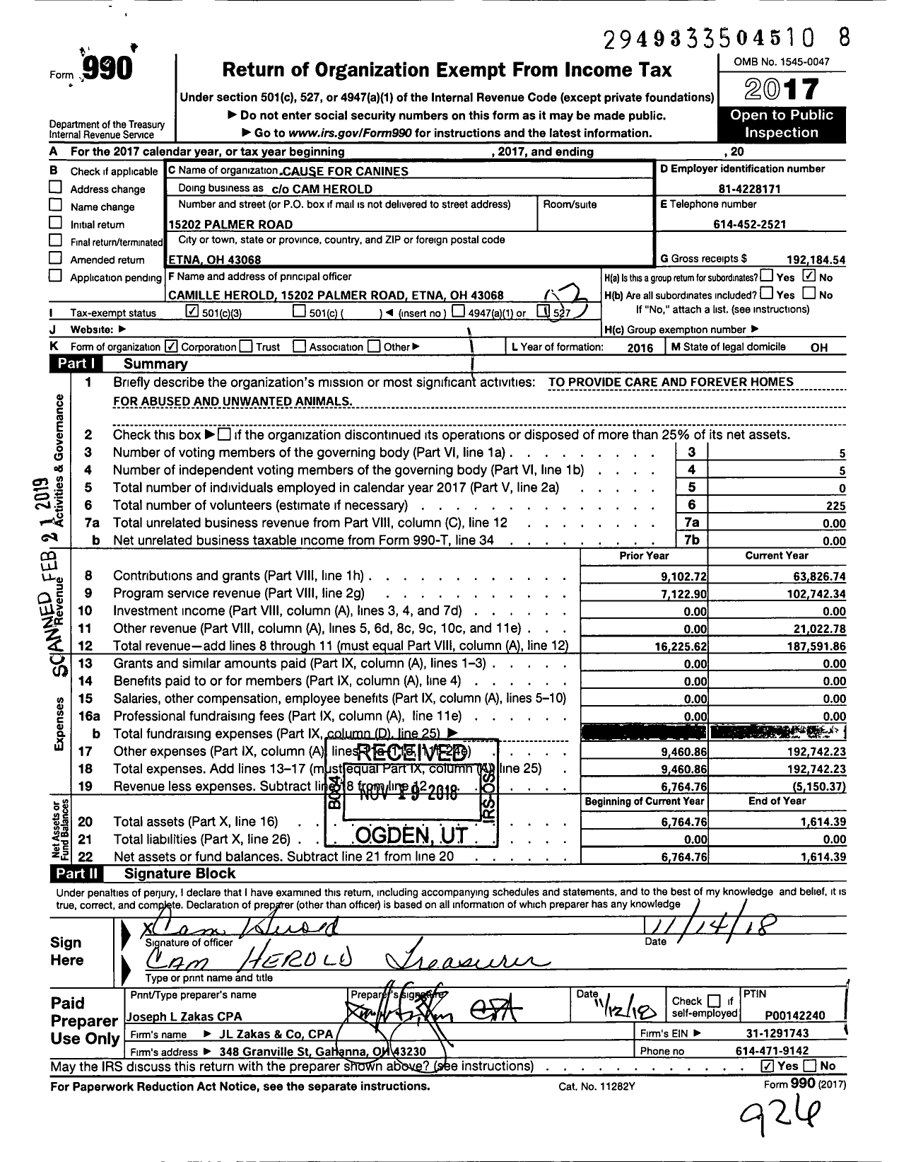 Image of first page of 2017 Form 990 for Cause for Canines