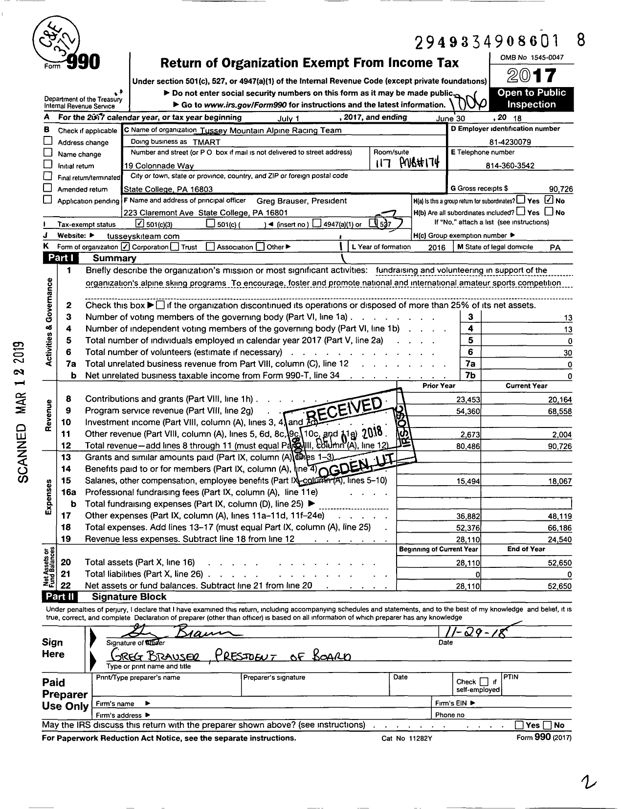 Image of first page of 2017 Form 990 for Tussey Mountain Alpine Racing Team (TMART)