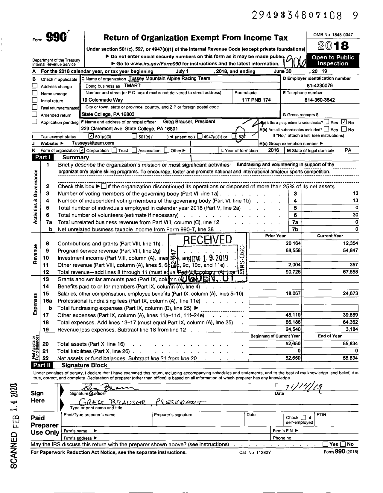 Image of first page of 2018 Form 990 for Tussey Mountain Alpine Racing Team (TMART)