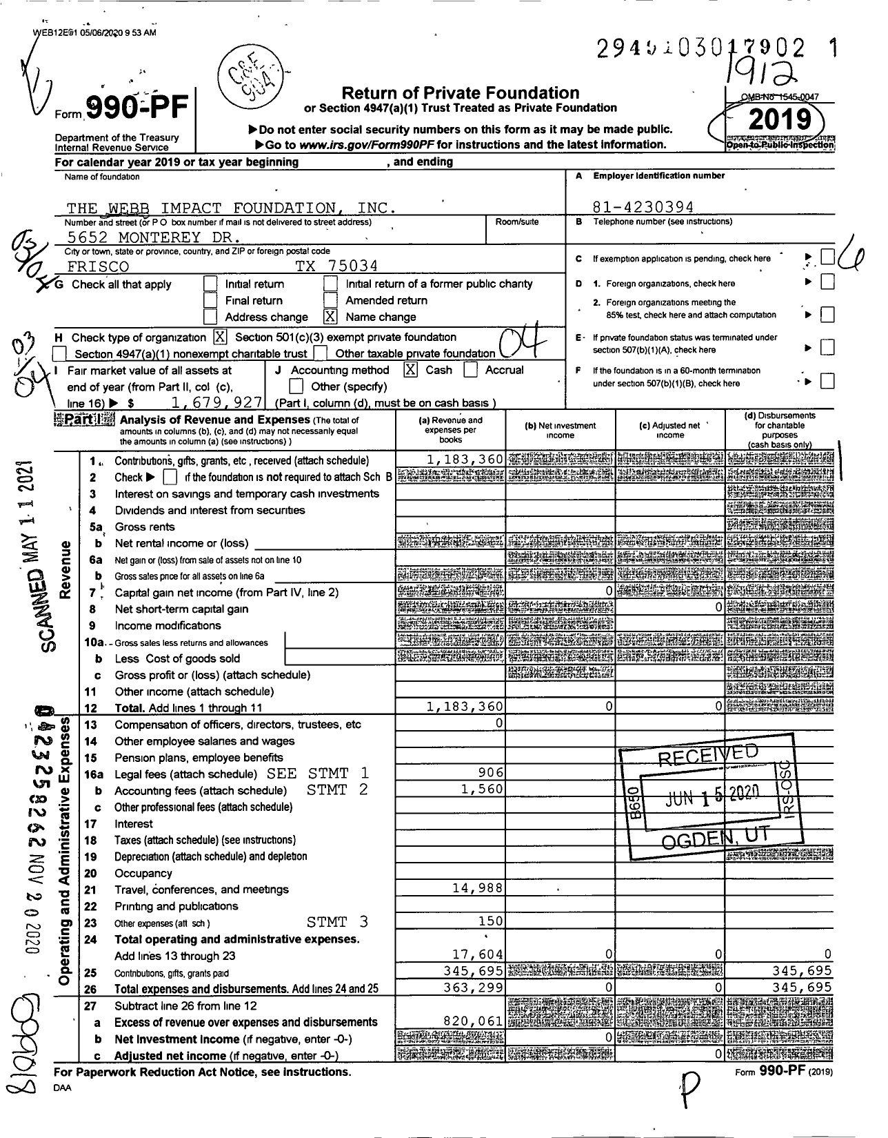 Image of first page of 2019 Form 990PF for The Webb Impact Foundation