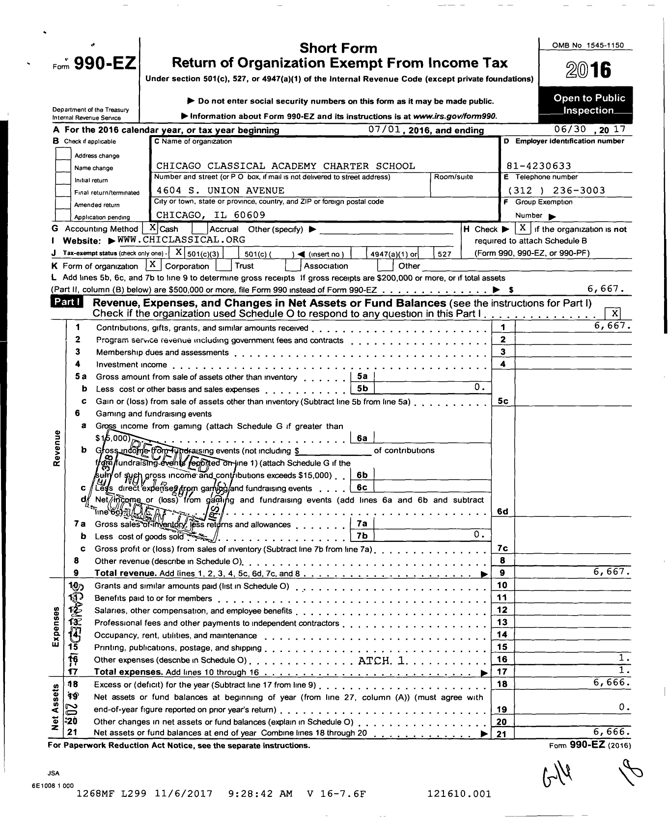 Image of first page of 2016 Form 990EZ for Chicago Classical Academy Charter School