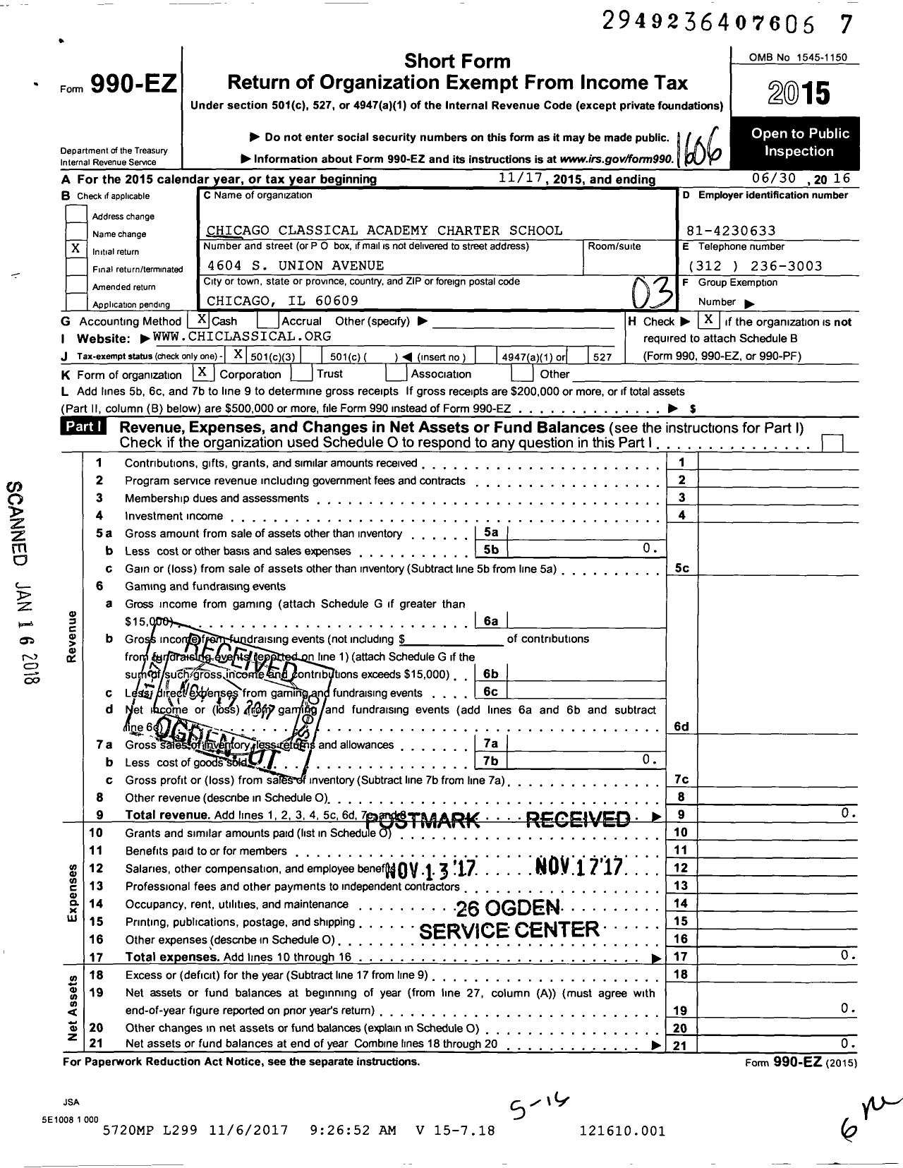 Image of first page of 2015 Form 990EZ for Chicago Classical Academy Charter School