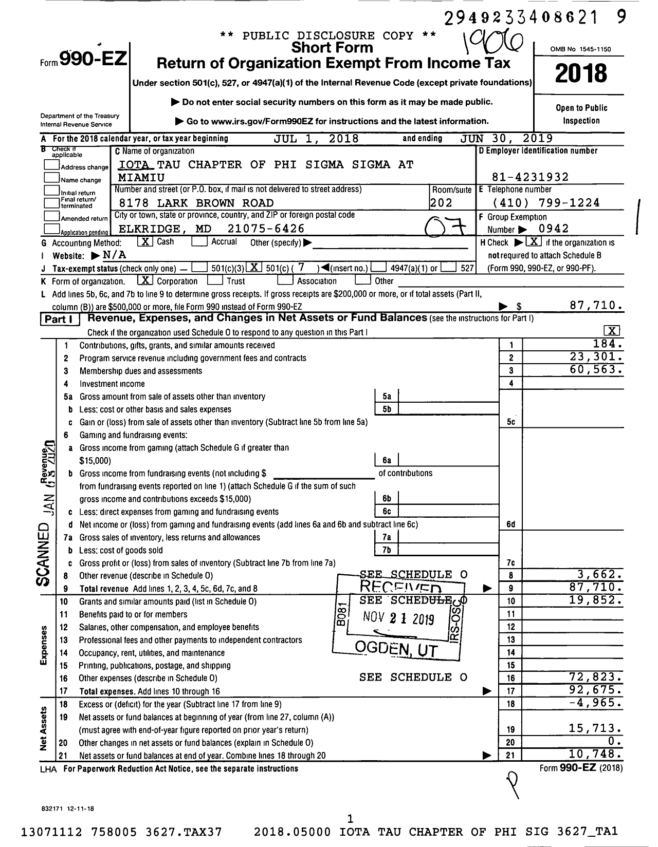Image of first page of 2018 Form 990EO for Iota Tau Chapter of Phi Sigma Sigma at Miamiu