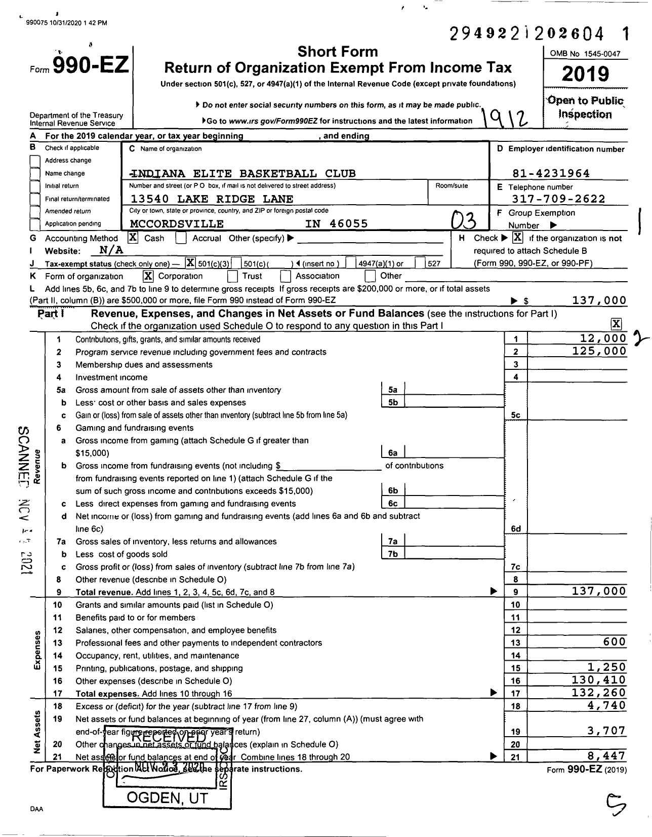 Image of first page of 2019 Form 990EZ for Indiana Elite Basketball Club