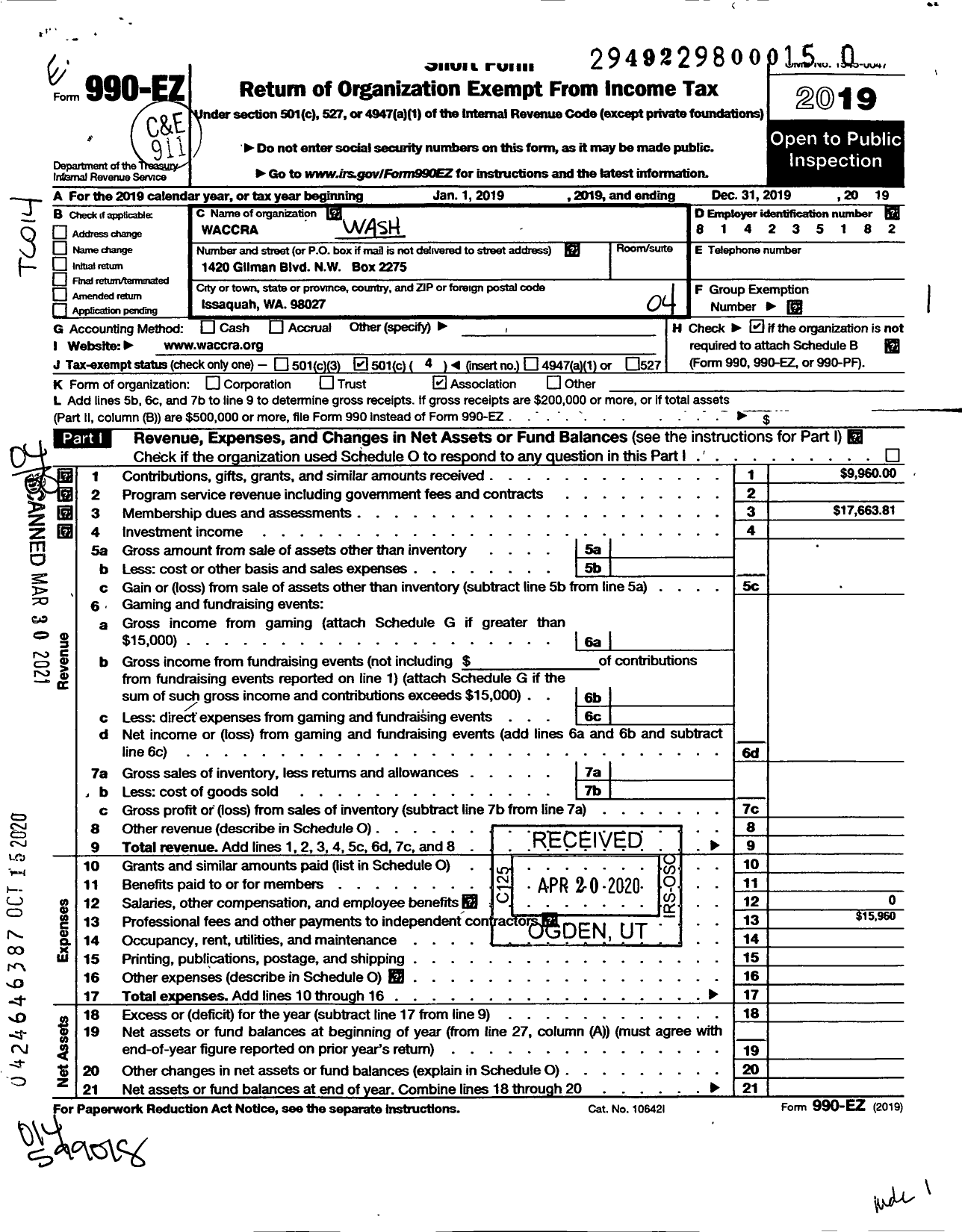 Image of first page of 2019 Form 990EO for Washington Continuing Care Residents Association (WACCRA)