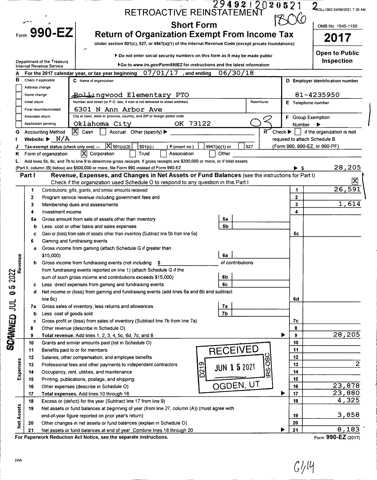 Image of first page of 2017 Form 990EZ for Rollingwood Elementary School Pto