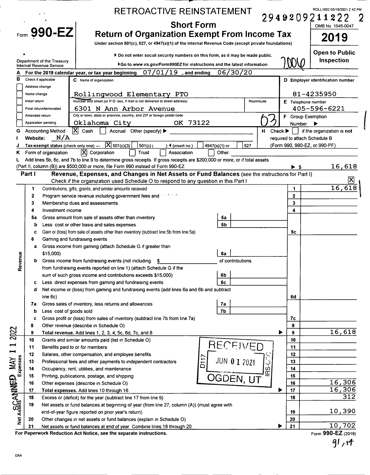 Image of first page of 2019 Form 990EZ for Rollingwood Elementary School Pto